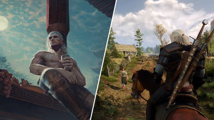 Geralt on horseback in The Witcher 3 and in some official wallpaper art.