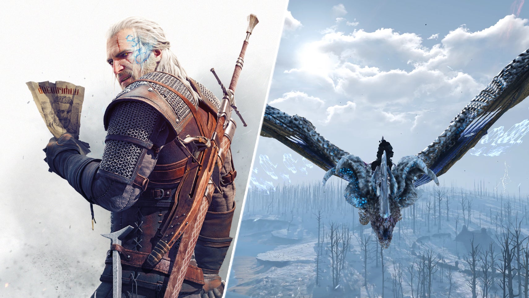 Geralt in the Witcher 3 opposite Geralt riding a dragon in The Witcher 3. - 1