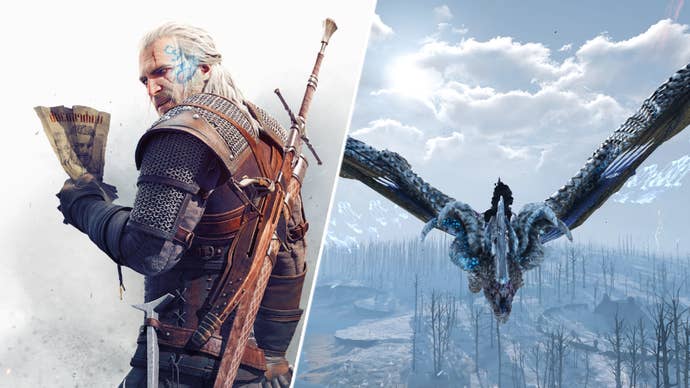 Geralt in the Witcher 3 opposite Geralt riding a dragon in The Witcher 3.