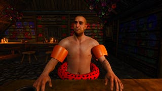 The Witcher 3's Gaunter O'Dimm in a pool part outfit.