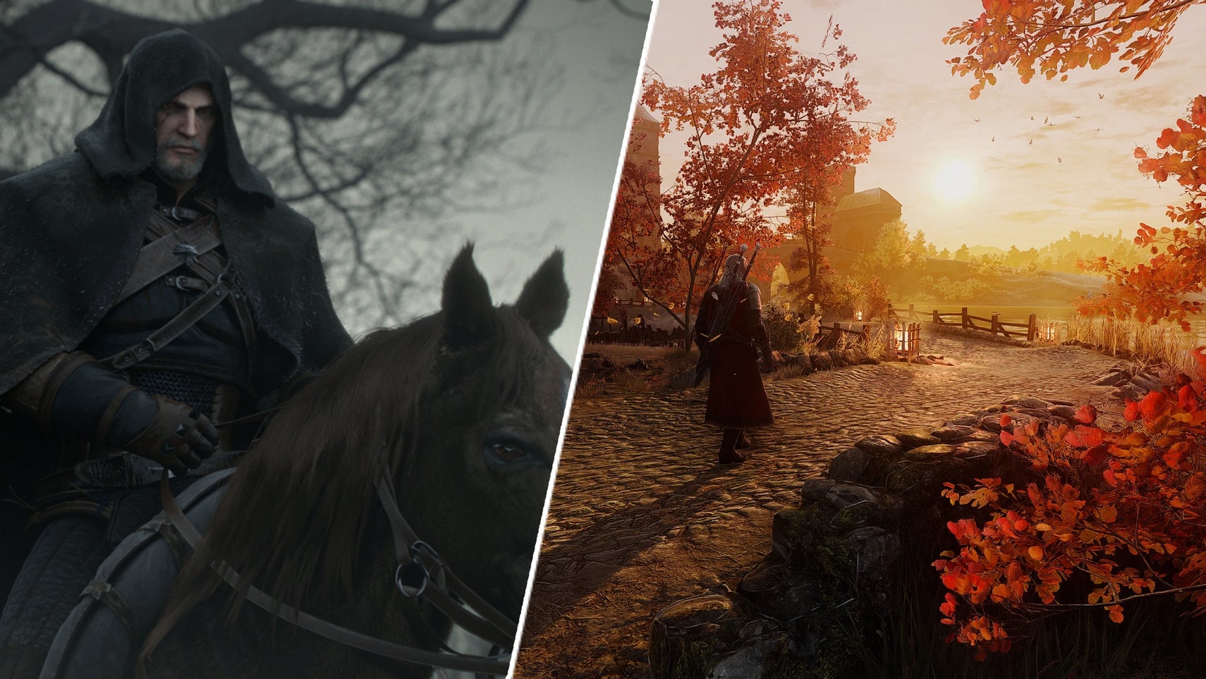 Geralt in The Witcher 3 wearing a cloak opposite him walking through the mod's autumn environment. - 1