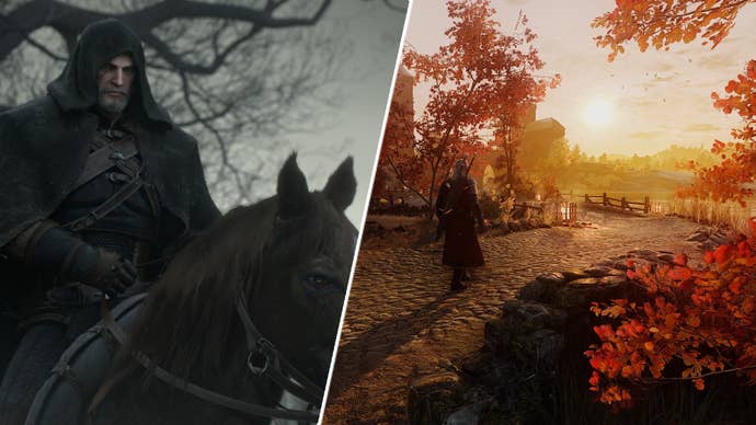 Geralt in The Witcher 3 wearing a cloak opposite him walking through the mod’s autumn environment.