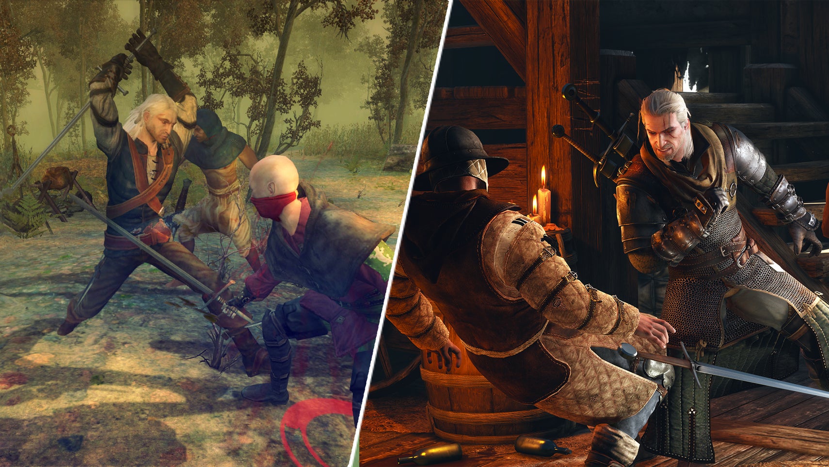 Geralt battering some lads in The Witcher 3 opposite Geralt battling some lads in The Witcher. - 1