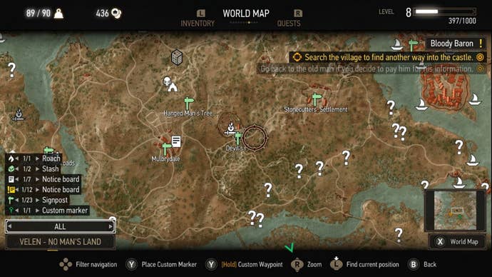 Witcher 3 Netflix quest: A map is shown, with the cursor over the Devil's Pit area. Nearby are Mulberry and Hanged Man's Tree