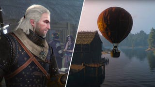 Geralt in The Witcher 3 opposite him riding in the Song of Wind mod's hot air balloon.