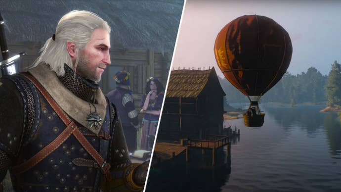 Geralt in The Witcher 3 opposite him riding in the Song of Wind mod’s hot air balloon.