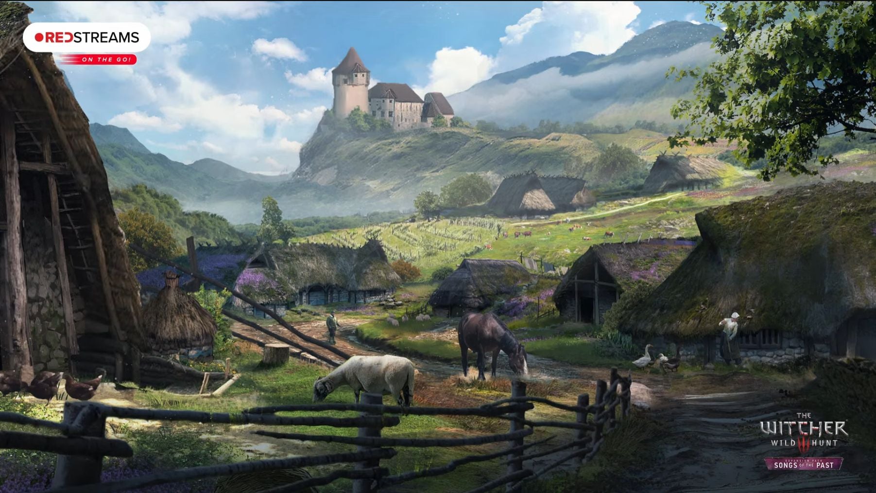 Artwork showing a countryside village with animals grazing around it.