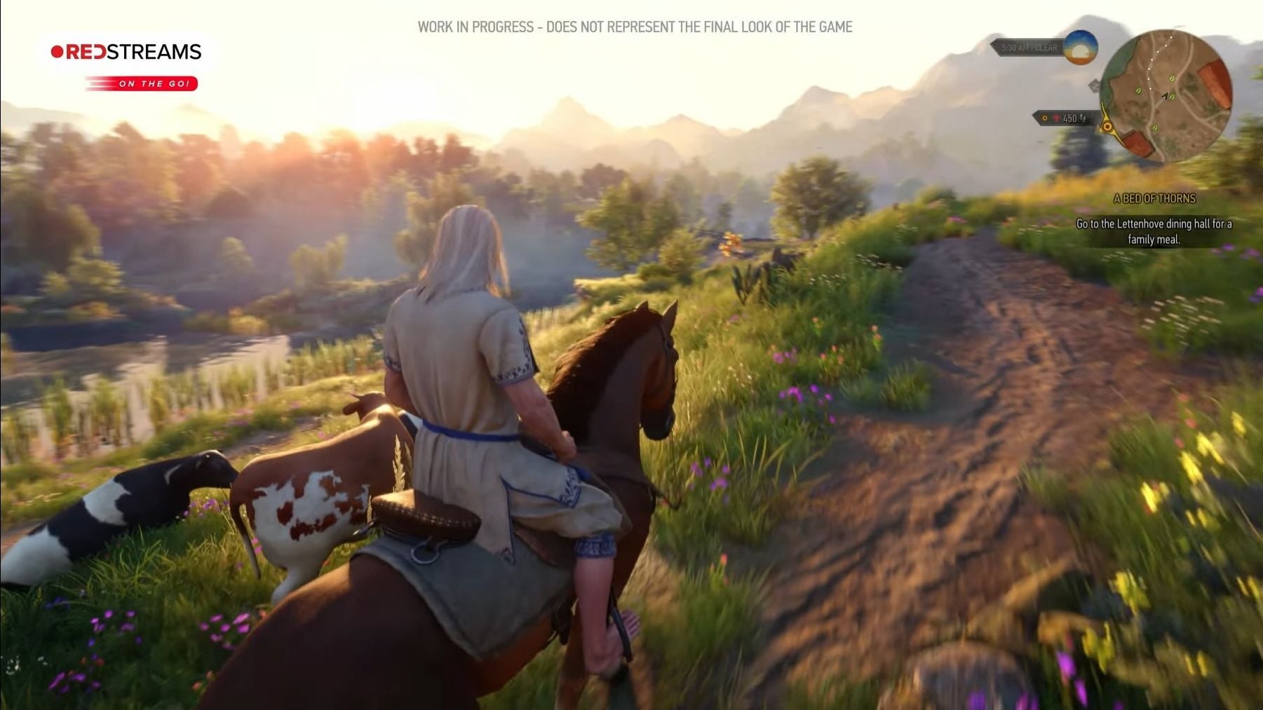 A white haired man rides on a horse along a green countryside track.