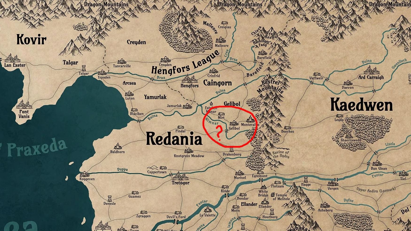 A map of The Witcher's Contintent. A small area has been circled in red.