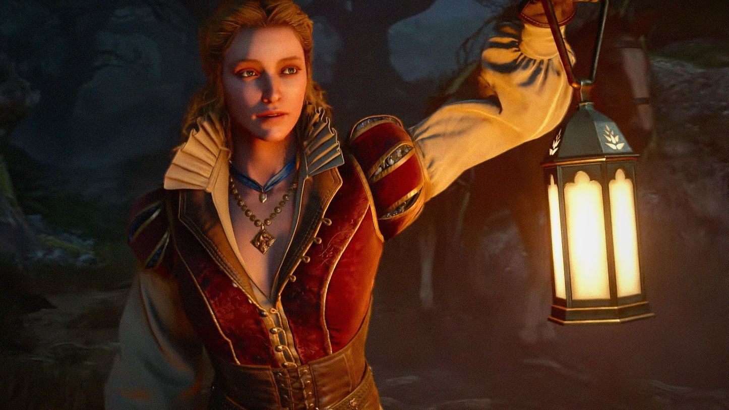 A pretty pale-skinned woman in ornate, puffy clothing holds up a lantern that lights her in the dark. It's Dandelion's cousin Lilla in the new Witcher 3 expansion Songs of the Past.