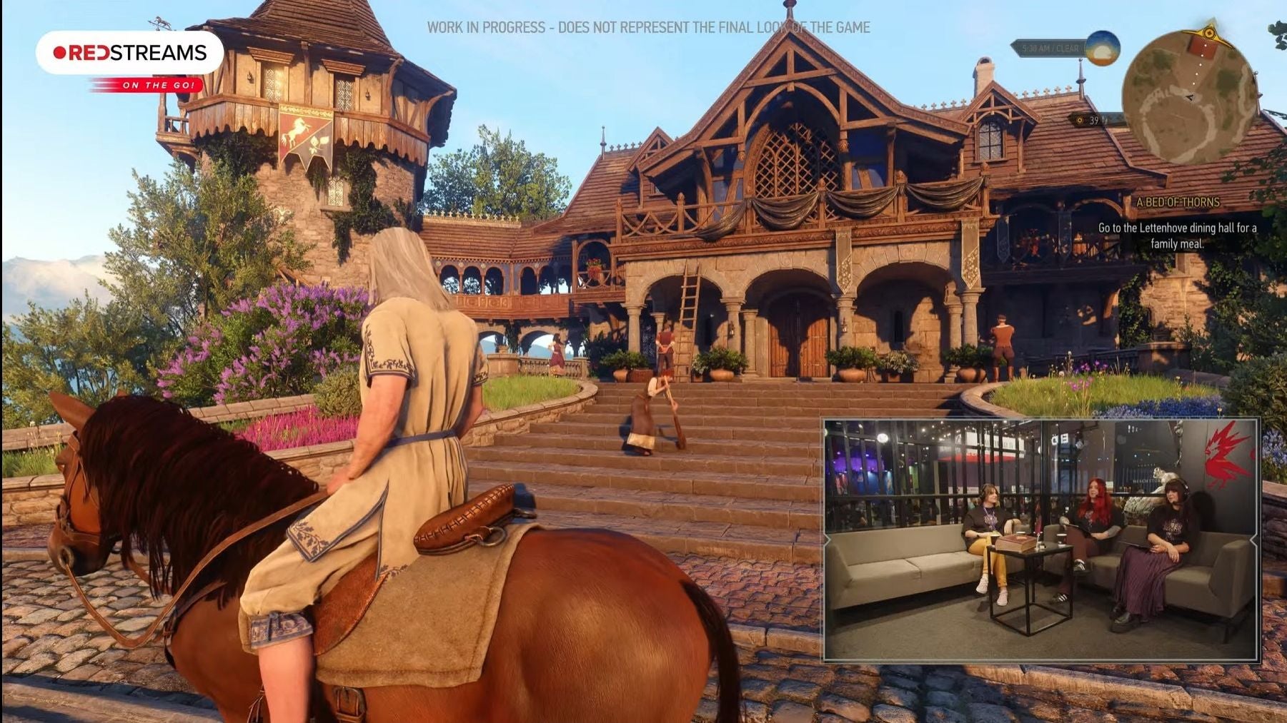 A white haired man on a horse in front of a huge countryside manor.