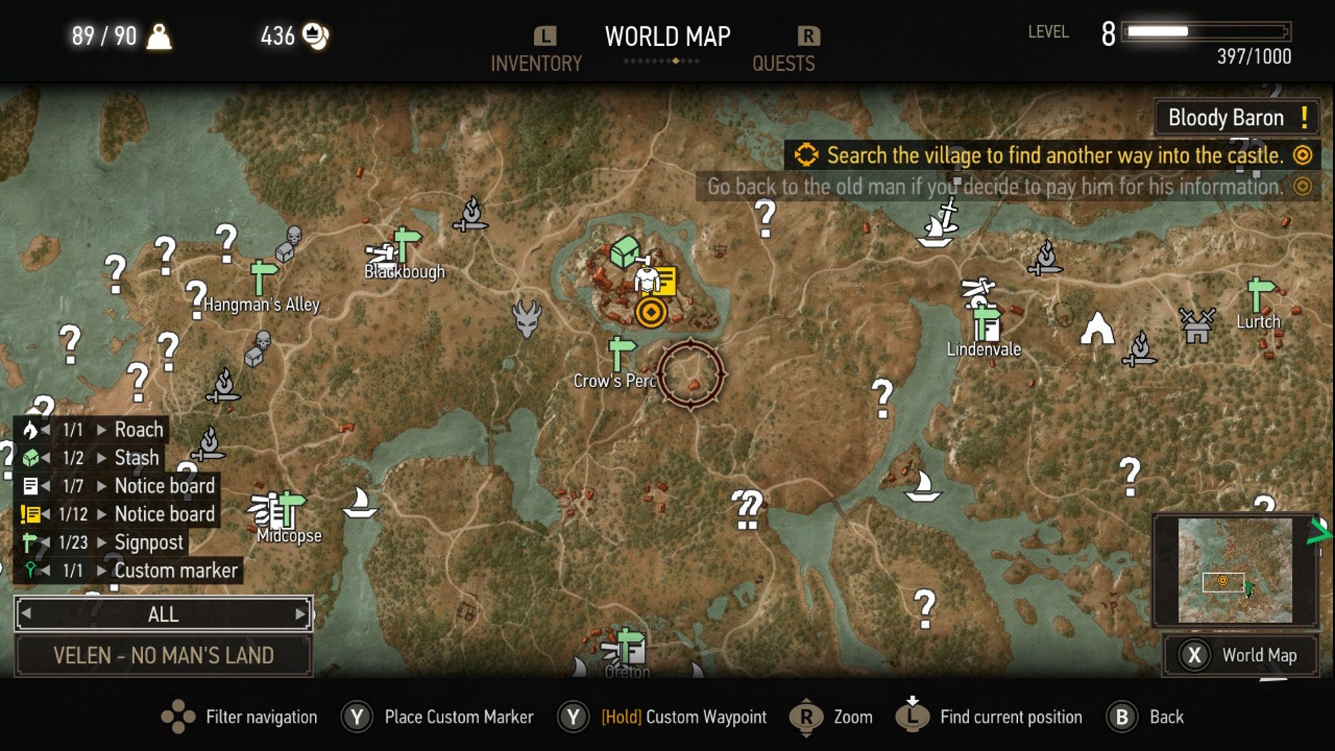 The Witcher 3 saddlebags: A map is shown, depicting areas around Novigrad. The Crow&rsquo;s Perch region is in the center