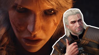 Geralt of Rivia giving a thumbs-up, superimposed over an image of Ciri from The Witcher 4.