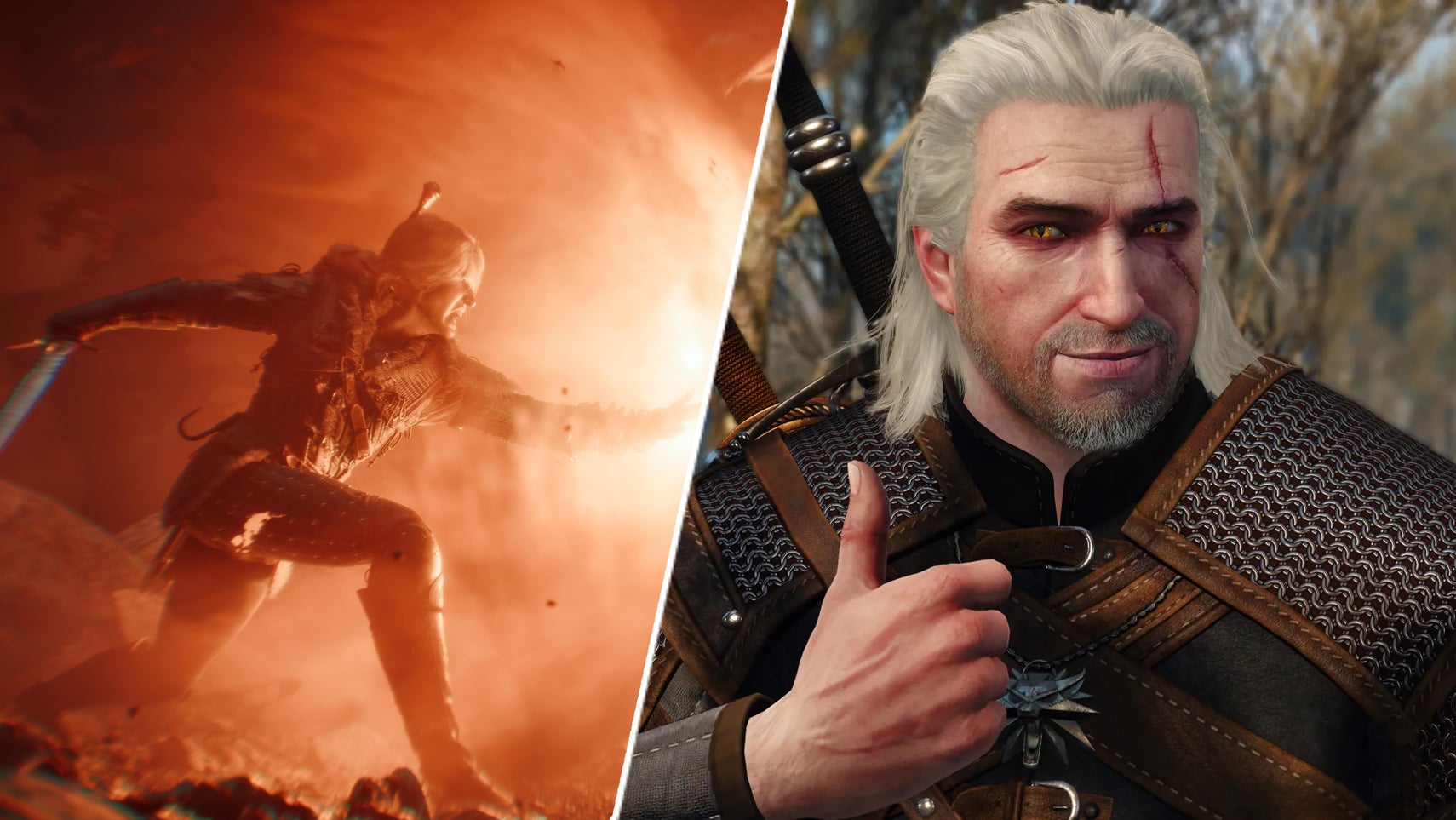 Geralt giving a thumbs up in The Witcher 3 next to Ciri casting quen in The Witcher 4. - 1