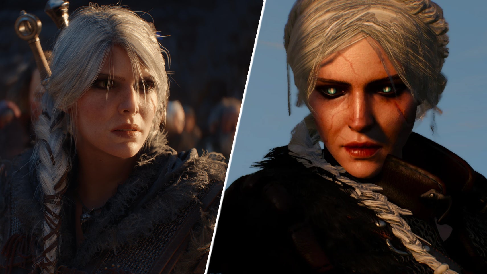 Ciri in The Witcher 4 next to Ciri modded to look like her Witcher 4 self in The Witcher 3. - 1