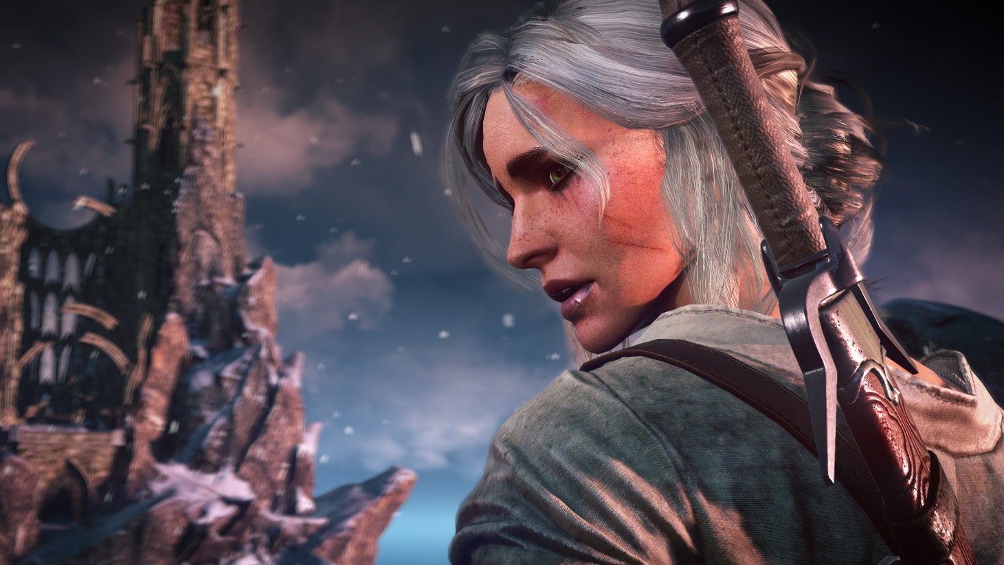 A white-haired young woman looks over her shoulder, which also has a sword slung across it. It's Ciri in The Witcher 3.