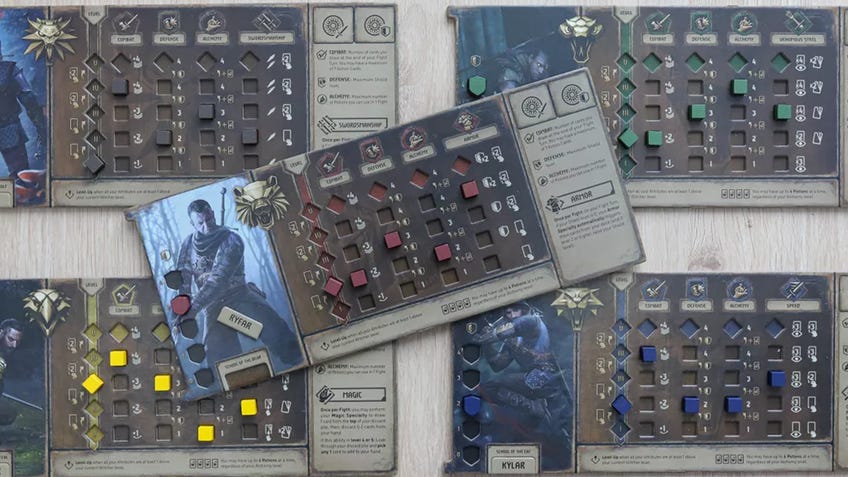 An image of character boards for The Witcher: Old World.