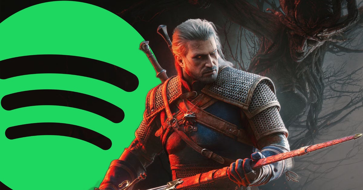Geralt as he appears in Songs of the Past with a Spotify logo behind him