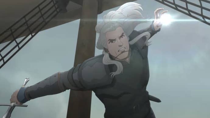 A shot from Netflix’s animated The Witcher: Sirens of the Deep showing Geralt leaping into the air beneath a ship’s mast, his sword in one hand and a spell forming in the other.