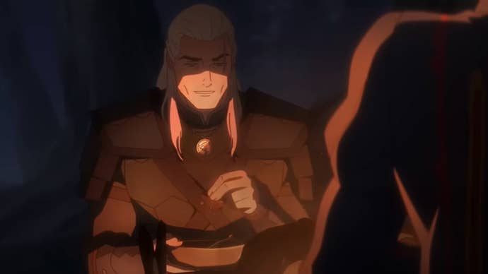 A shot from Netflix’s animated Witcher movie Sirens of the Deep showing Geralt illuminated by a campfire at night.