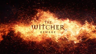 Fire roaring across a dark image, with the words The Witcher Remake printed in the middle of it. Scorchio.