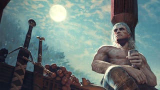 A piece of artwork showing a topless Geralt - hello! - holding a goblet of wine whilst leant up against a pillar. In the background, a bright moon shines.