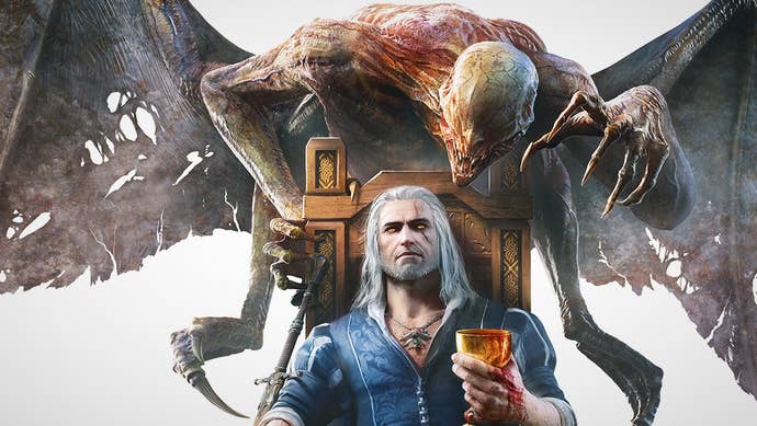 Witcher hero Geralt sitting on a wooden throne, holding a cup of what looks like blood, with a monstrous vampire climbing over the chair behind him, raising a clawed hand. Maybe Geralt is drunk because he doesn’t seem to realise the vampire is there at all.