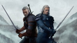 A detailed illustration of game-Geralt and Netflix-Geralt standing side by side with swords drawn, ready for action. That sounds rude now I think of it.