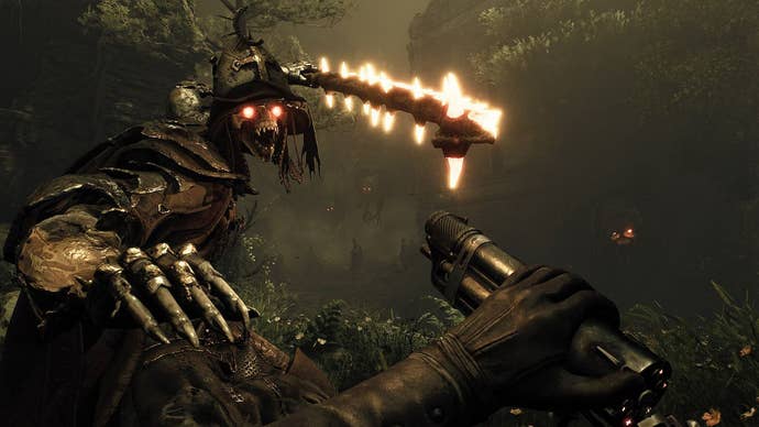 Some horrible creature with metal claws and a glowing weapon bears down on a first-person perspective - with the player holding a gun - in Witchfire.
