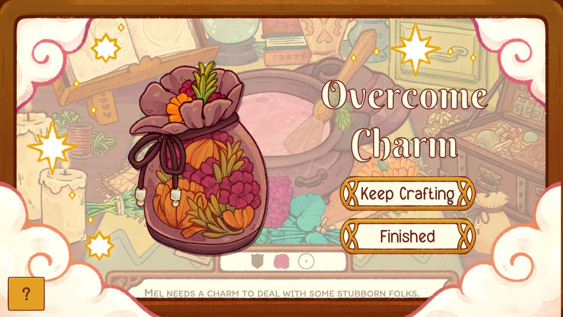 A Witchy Life Story screenshot showing a crafted magical charm. It&rsquo;s a small pouch with herbs and flowers inside.