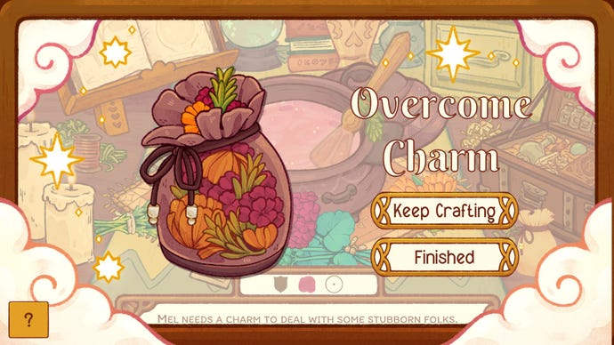 A Witchy Life Story screenshot showing a crafted magical charm. It’s a small pouch with herbs and flowers inside.
