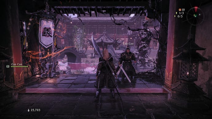 A Wo Long: Fallen Dynasty screenshot of the player standing next to a flag.