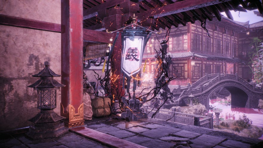 A Battle Flag on the edge of a garden in Wo Long: Fallen Dynasty.