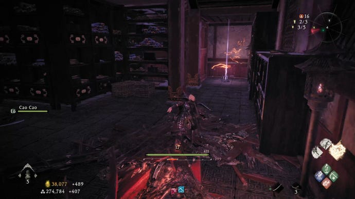 A Wo Long: Fallen Dynasty screenshot of the player standing next to a flag.