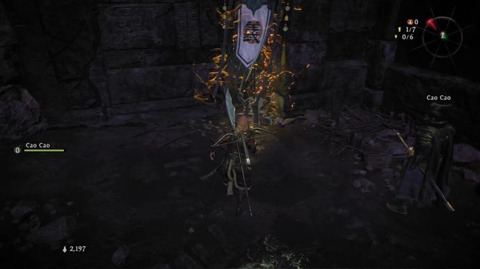 A Wo Long: Fallen Dynasty screenshot of the player standing next to a flag.