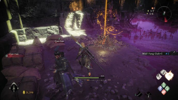 A Wo Long: Fallen Dynasty screenshot of the player standing next to a flag.