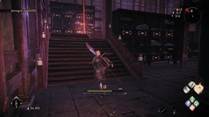 A Wo Long: Fallen Dynasty screenshot of the player standing next to a flag.