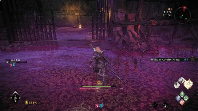 A Wo Long: Fallen Dynasty screenshot of the player standing next to a flag.