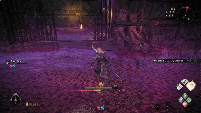 A Wo Long: Fallen Dynasty screenshot of the player standing next to a flag.