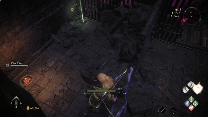 A Wo Long: Fallen Dynasty screenshot of the player standing next to a flag.