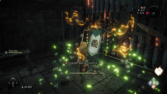 A Wo Long: Fallen Dynasty screenshot of the player standing next to a flag.