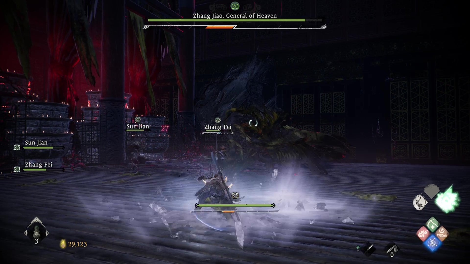 wo long fallen dynasty, a character is casting a frozen spear spell during the zhang liao boss battle