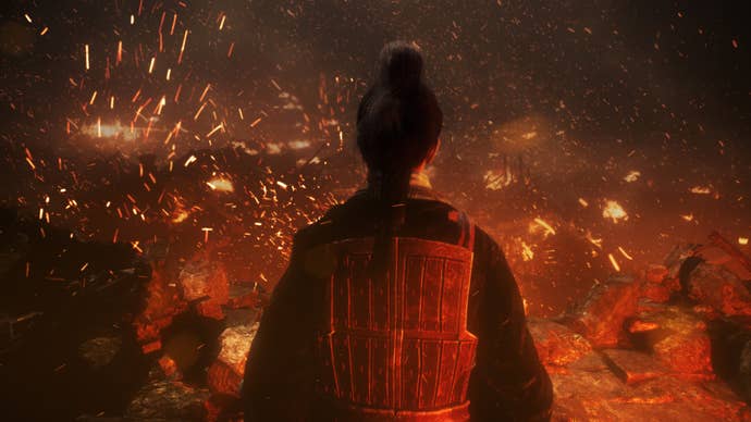 Wo Long Fallen Dynasty, official art showing the back of the Blind Boy character overlooking the burnt village.