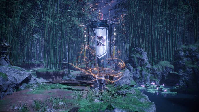 A Battle Flag placed in a bamboo forest at night in Wo Long: Fallen Dynasty.
