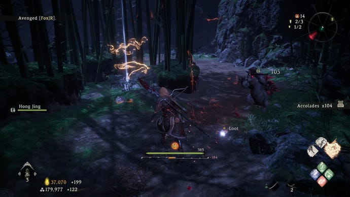 A Wo Long: Fallen Dynasty screenshot of the player standing next to a flag.