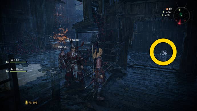 The player in Wo Long stands between a Battle Flag and a Shitieshou.