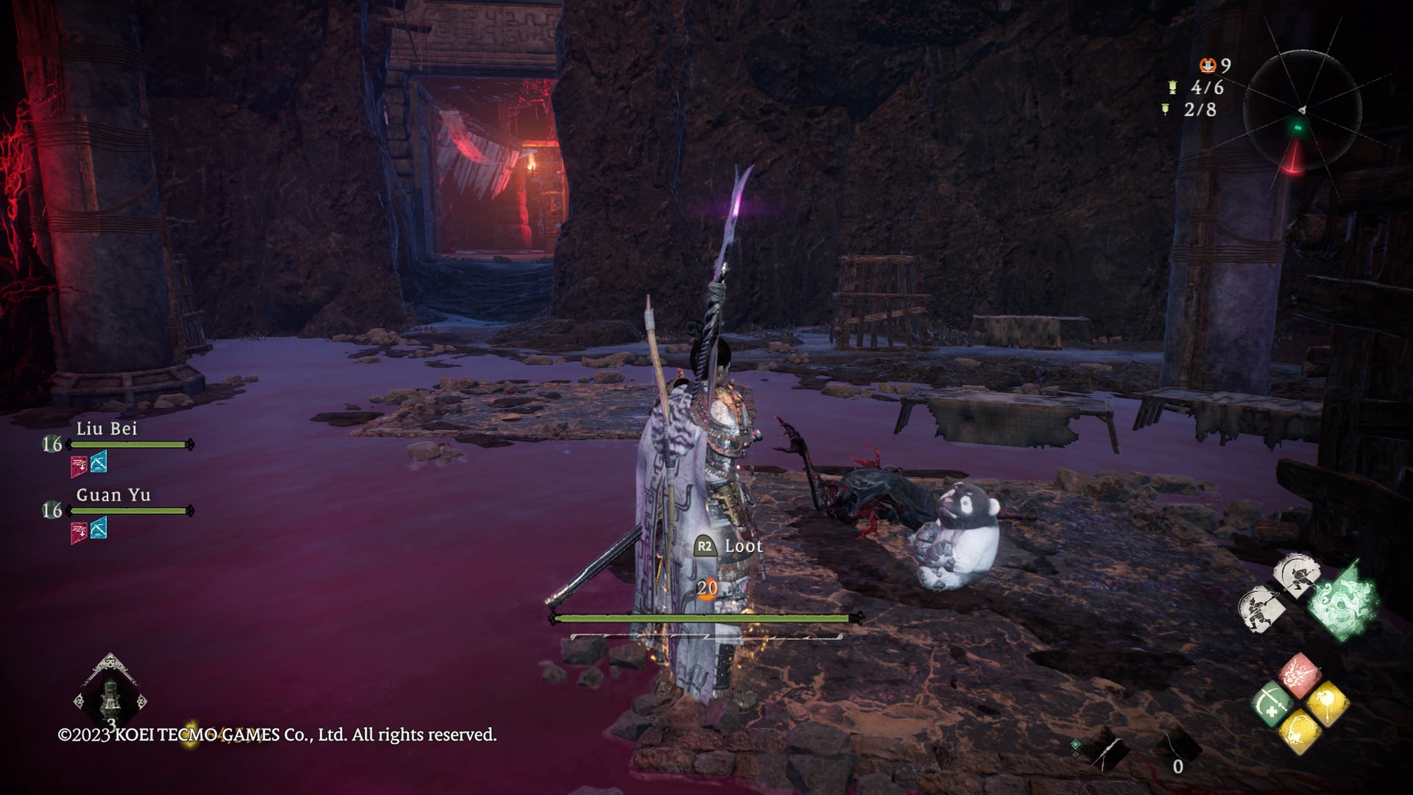 The player feeding an item to a Shitieshou panda bear in Wo Long - 3