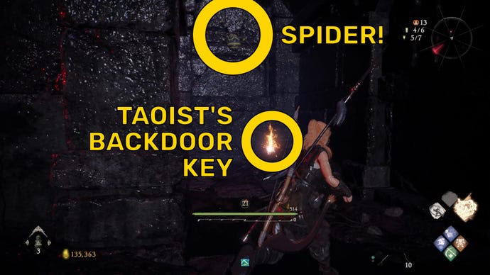 The player in Wo Long turns a corner in an underground dungeon and finds a spider guarding the Taoist’s Backdoor Key (both marked).