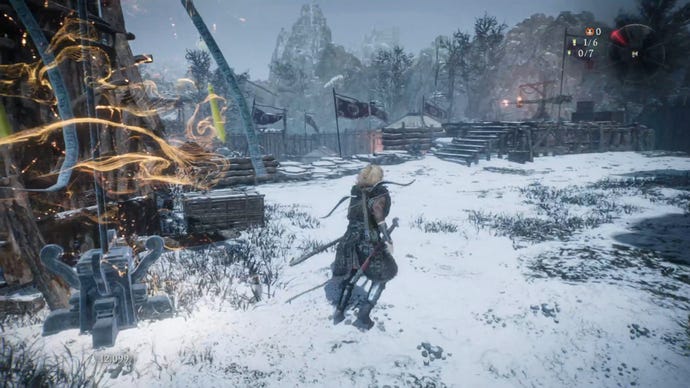 A Wo Long: Fallen Dynasty screenshot of the player standing next to a flag.