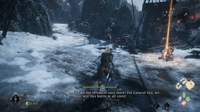 A Wo Long: Fallen Dynasty screenshot of the player standing next to a flag.